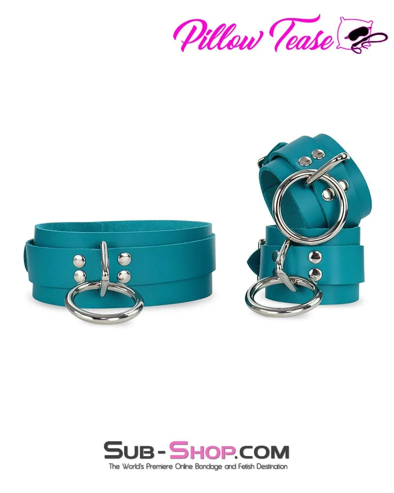 0219A      Leather Bondage Wrist Cuffs. Ocean Blue Color