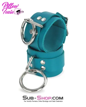 0219A      Leather Bondage Wrist Cuffs. Ocean Blue Color