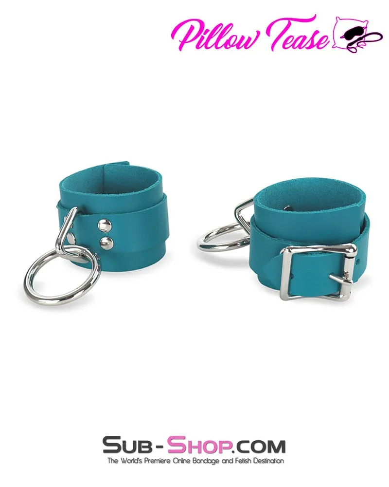 0219A      Leather Bondage Wrist Cuffs. Ocean Blue Color
