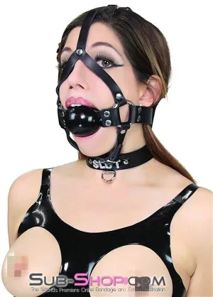 0451A      2 Leather Ball Gag Trainer. Black Gloss Ball