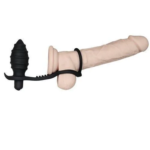 2630M-SIS      Grenade Vibrating Sissy Jezebel Butt Plug Silicone Dual Cock & Balls Rings Set