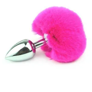 9834M-SIS      Bunny Hop Pink Powder Puff Tail with Small Chrome Sissy Cummies Butt Plug