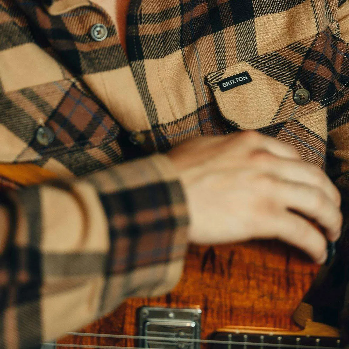 Brixton Bowery Long Sleeve Flannel Shirt - Tiger's Eye/Pinecone Brown/Washed Black