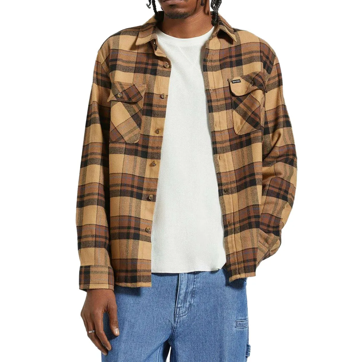 Brixton Bowery Long Sleeve Flannel Shirt - Tiger's Eye/Pinecone Brown/Washed Black