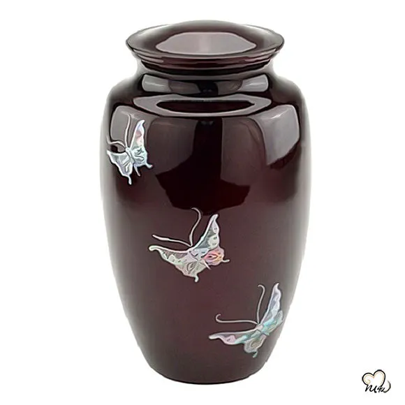 Burgundy Mother of Pearl Butterflies Cremation Urn