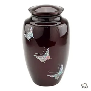 Burgundy Mother of Pearl Butterflies Cremation Urn