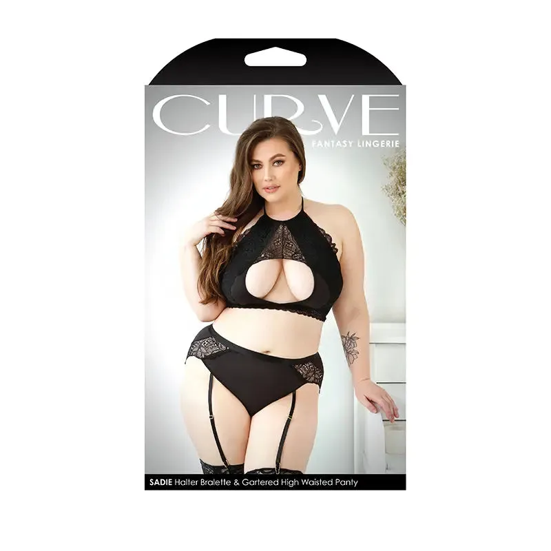 Fantasy Lingerie Curve Sadie Halter Bralette. Gartered High-Waisted Panty Black XL/2XL