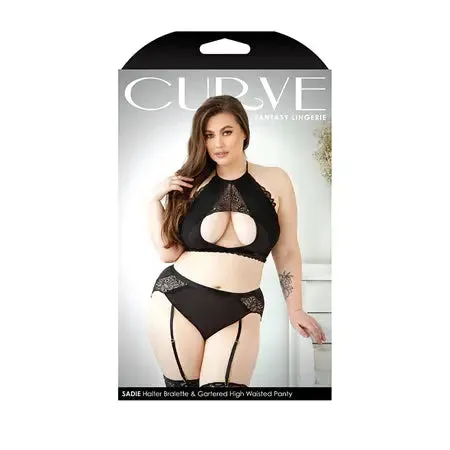 Fantasy Lingerie Curve Sadie Halter Bralette. Gartered High-Waisted Panty Black XL/2XL