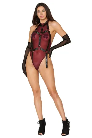 High-Neck Mesh Teddy & Garter Body Bondage Harness Burgundy Black XL Leather Lingerie