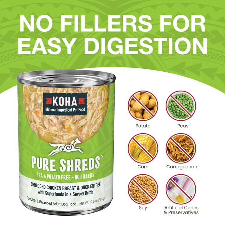KOHA Pure Shreds Shredded Chicken Breast & Duck Entrée Canned Dog Food