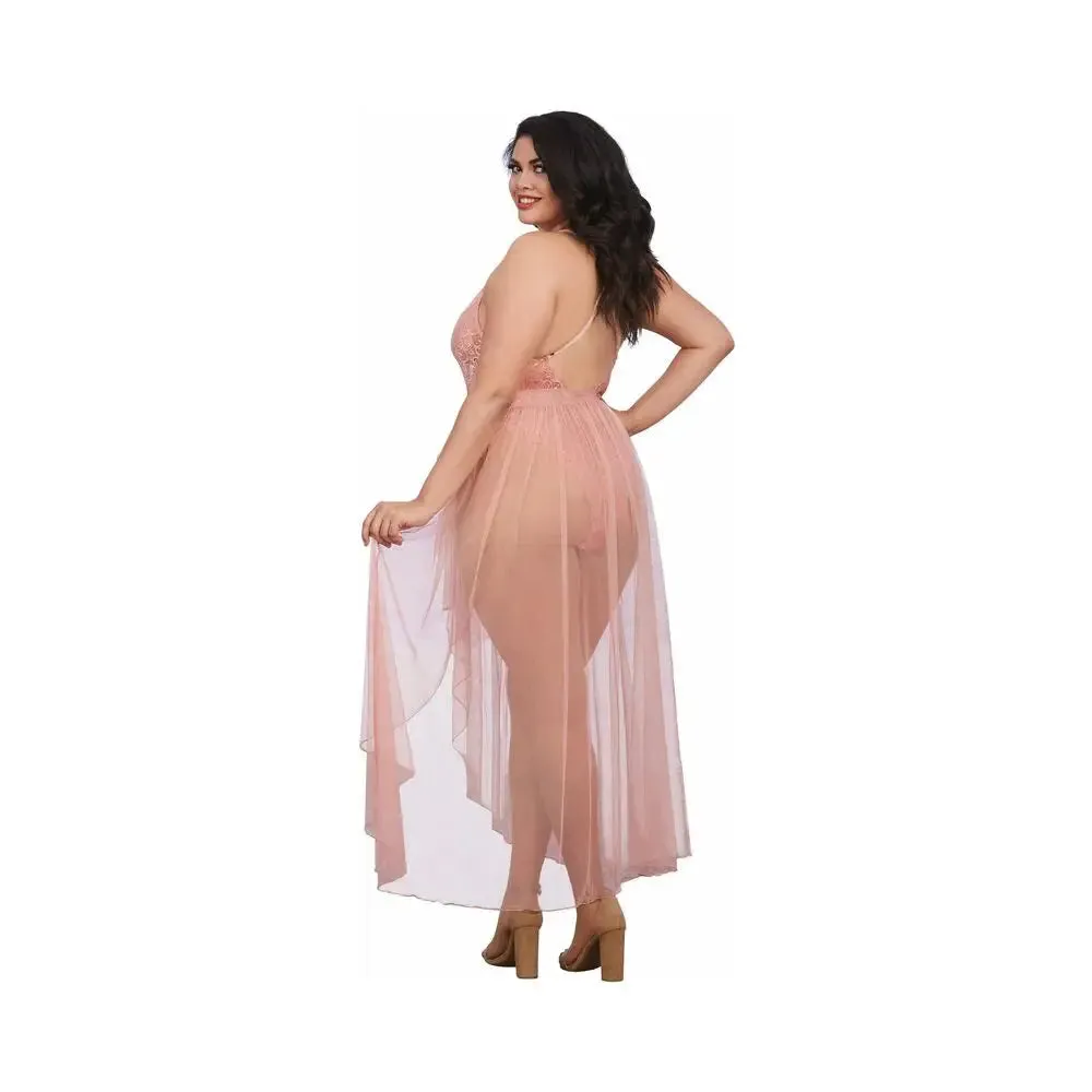Plus Size Lingerie Teddy & Sheer Mesh Maxi Skirt With G-String Rose Queen 2X