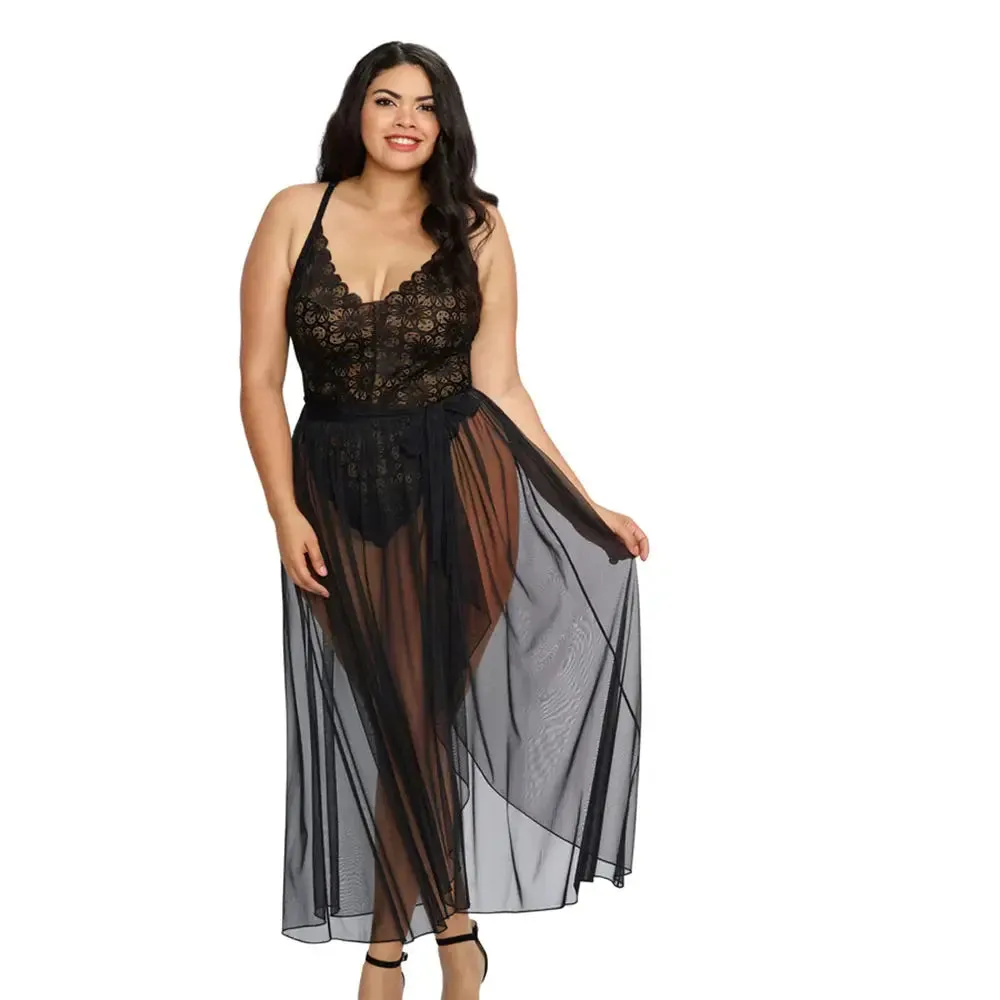 Plus Size Teddy & Sheer Mesh Maxi Skirt With G-String Black Queen 2X