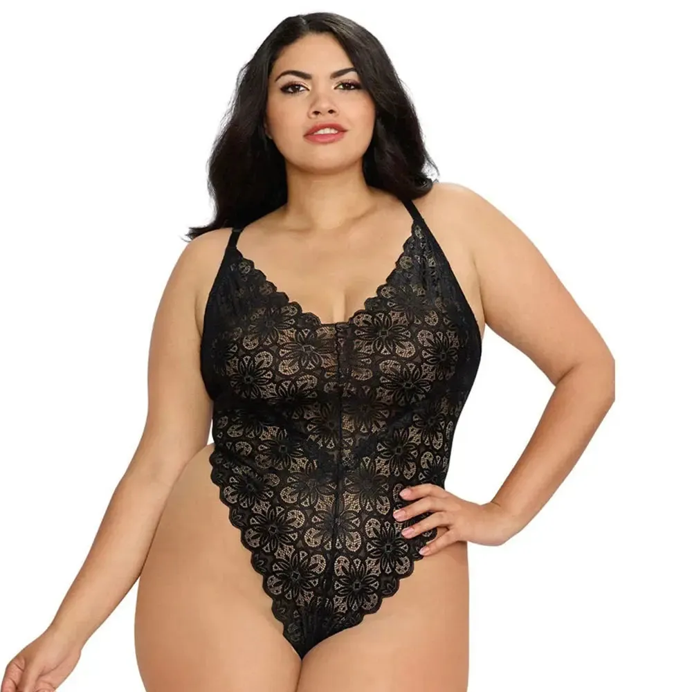Plus Size Teddy & Sheer Mesh Maxi Skirt With G-String Black Queen 2X