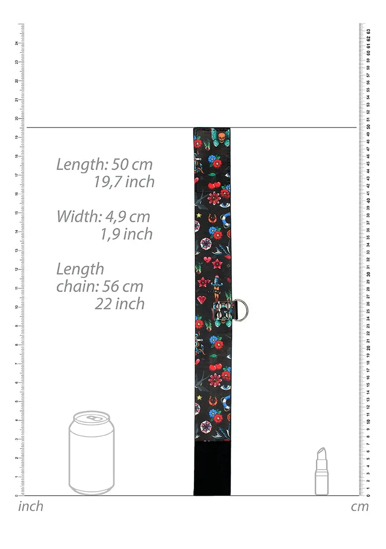 Printed Collar With Leash - Old School Tattoo Style - Black