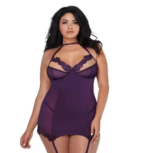 Purple Plus Size Lingerie Microfiber and Mesh Garter Slip With Underwire Shelf Bra
