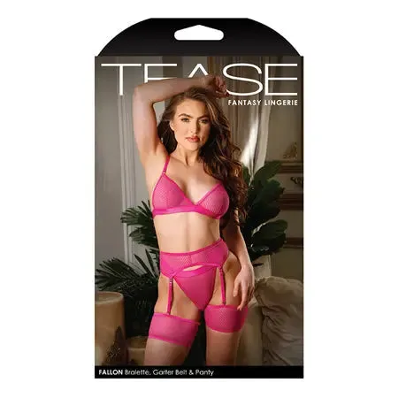 Tease Fallon Bralette. Garter Belt With Leg Garters & Panty Set Pink M/L