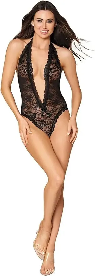 Valentines Day Lingerie Stretch Lace Halter Teddy With Plunging Neckline Black OS